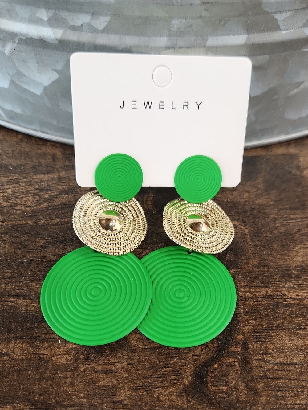 Green Spiral Disc Drop Earrings by